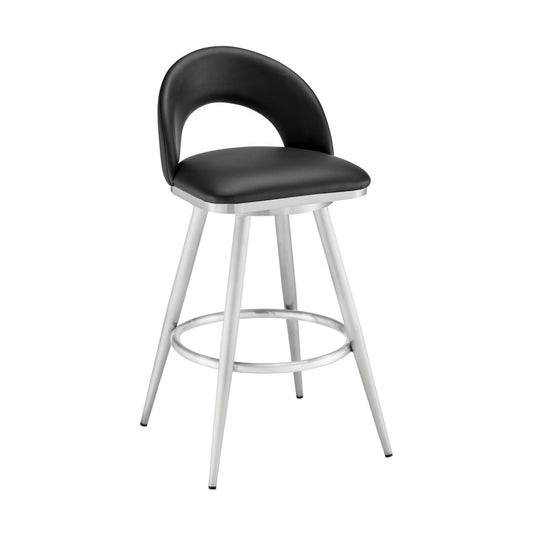 Visy 30 Inch Swivel Barstool Chair Round Open Back Black Faux Leather By Casagear Home BM313645