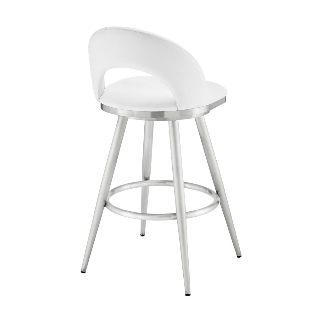 Visy 30 Inch Swivel Barstool Chair Round Open Back White Faux Leather By Casagear Home BM313647