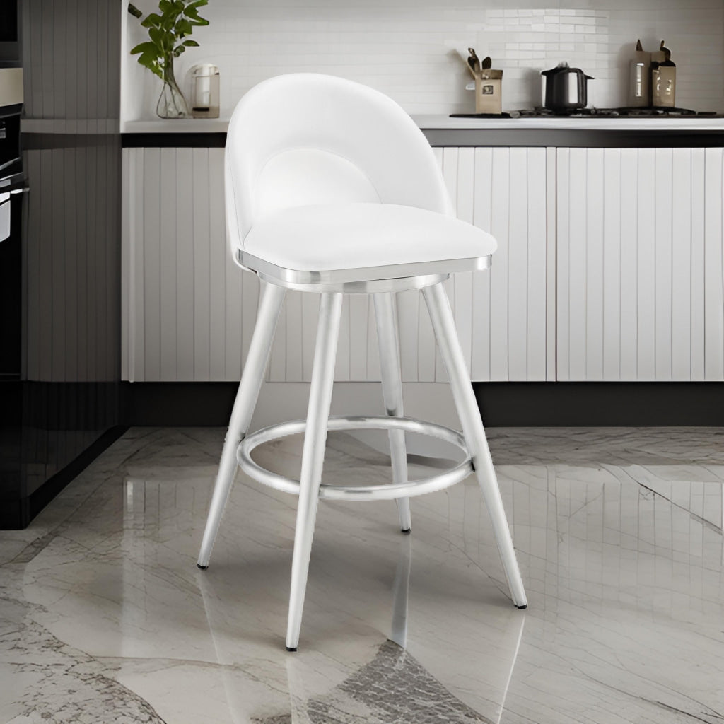 Visy 30 Inch Swivel Barstool Chair Round Open Back White Faux Leather By Casagear Home BM313647