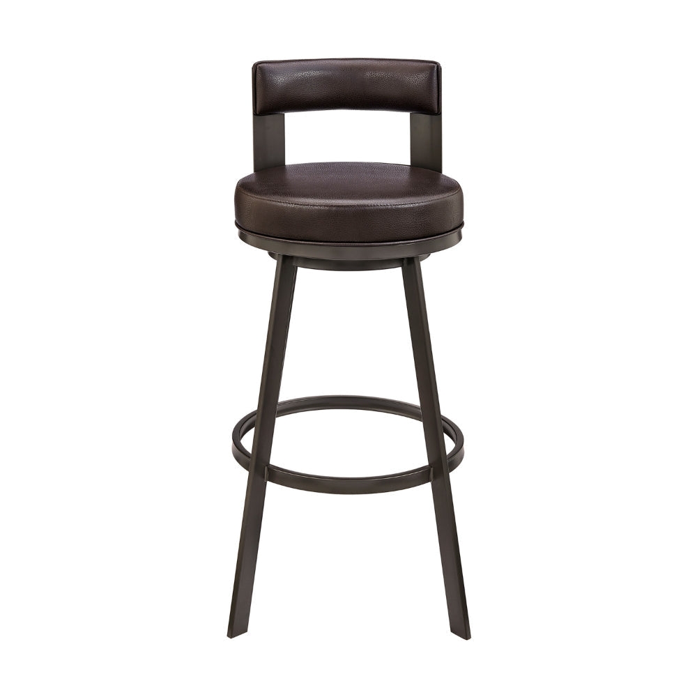 Ami 26 Inch Swivel Counter Stool Chair Curved Open Back Brown Faux Leather By Casagear Home BM313665