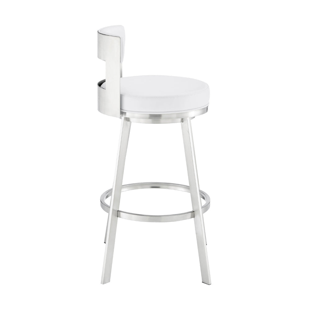 Ami 26 Inch Swivel Counter Stool Chair White Faux Leather Stainless Steel By Casagear Home BM313669