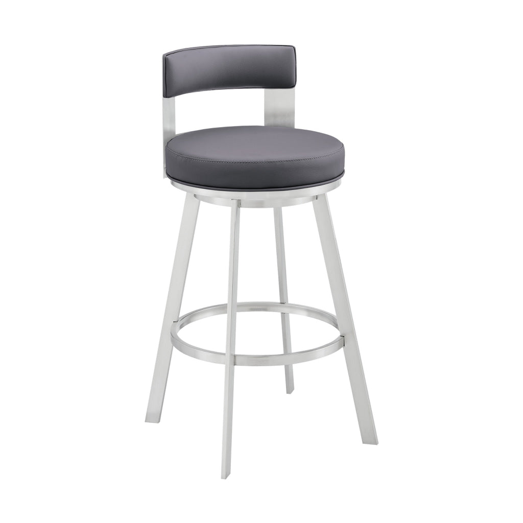 Ami 30 Inch Swivel Barstool Chair Gray Faux Leather Open Back Silver Base By Casagear Home BM313674