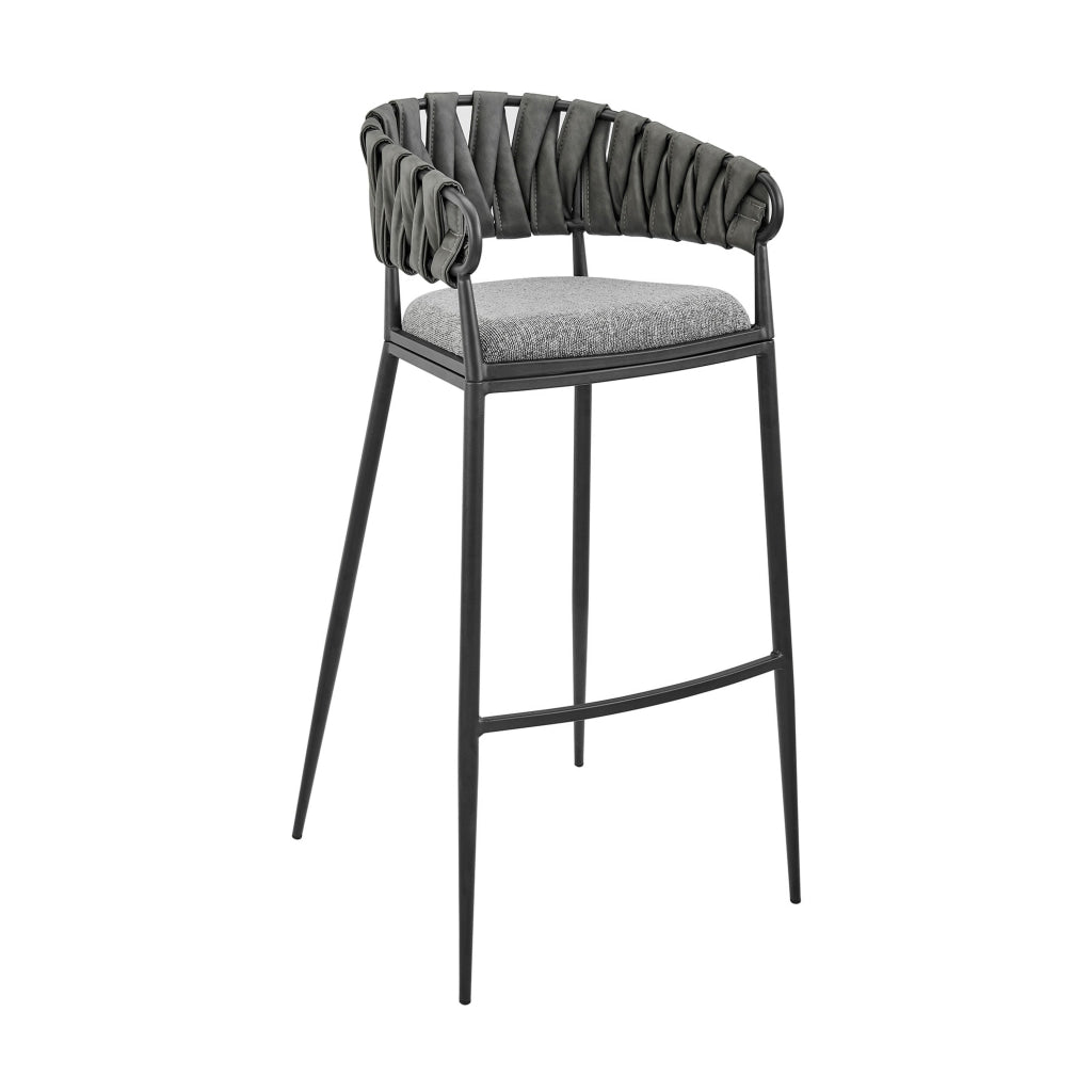 Mimy 30 Inch Barstool Chair Gray Faux Leather Strap Back Black Iron By Casagear Home BM313676