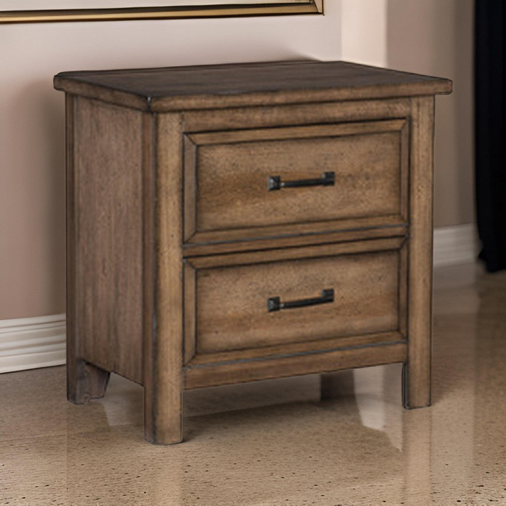 Reva 27 Inch Nightstand, 2 Drawers, Black Metal, Light Brown Solid Wood By Casagear Home