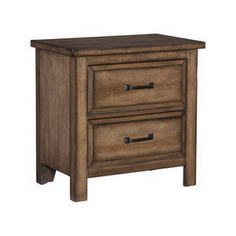 Reva 27 Inch Nightstand 2 Drawers Black Metal Light Brown Solid Wood By Casagear Home BM314217