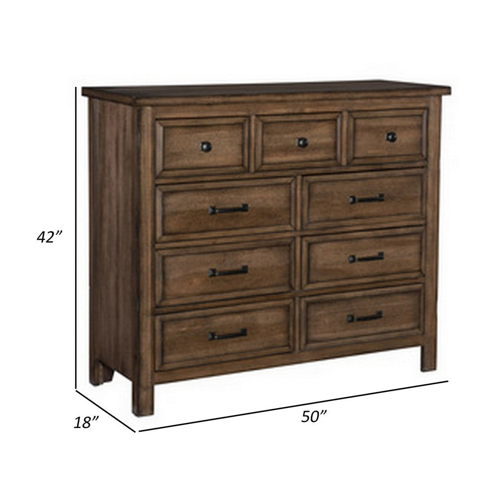 Reva 50 Inch Dresser 9 Drawers Black Metal Light Brown Solid Wood By Casagear Home BM314218