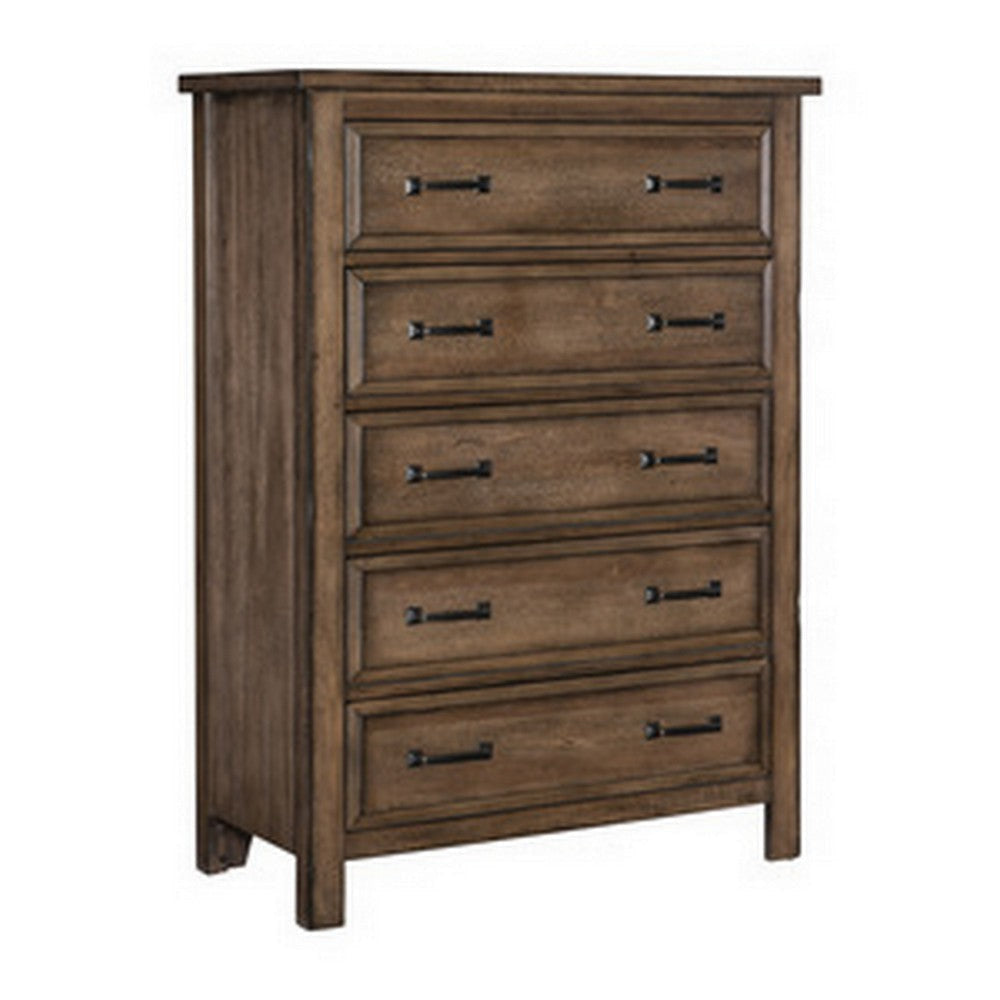 Reva 52 Inch Tall Dresser Chest, 5 Drawers, Black Metal, Light Brown Wood By Casagear Home