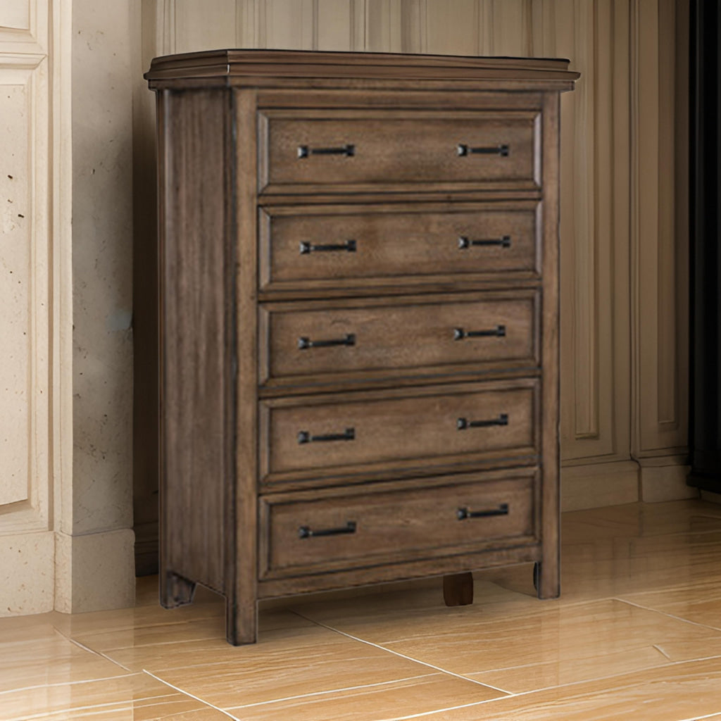 Reva 52 Inch Tall Dresser Chest, 5 Drawers, Black Metal, Light Brown Wood By Casagear Home