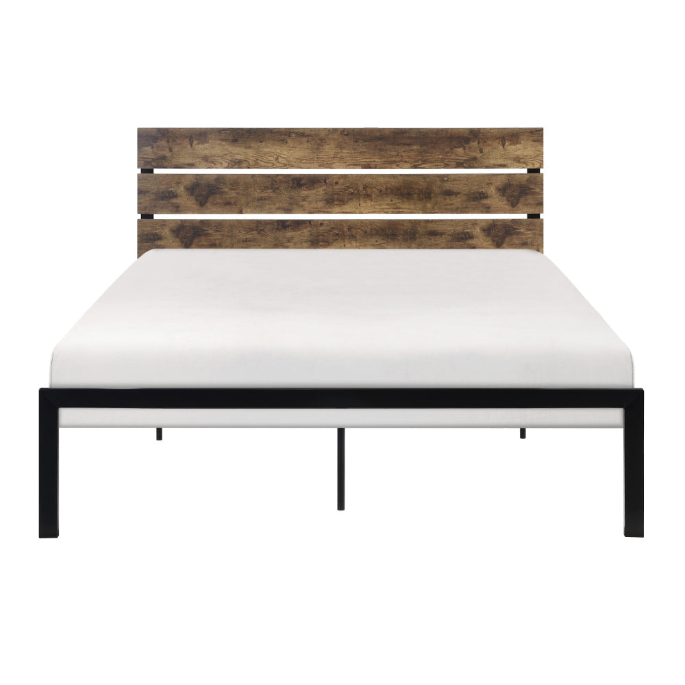 Mars Queen Platform Bed Brown Faux Wood Slat Headboard Black Metal Frame By Casagear Home BM314220