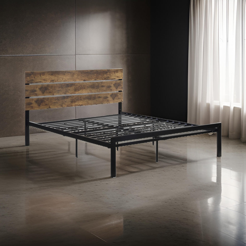 Mars Queen Platform Bed, Brown Faux Wood Slat Headboard, Black Metal Frame By Casagear Home