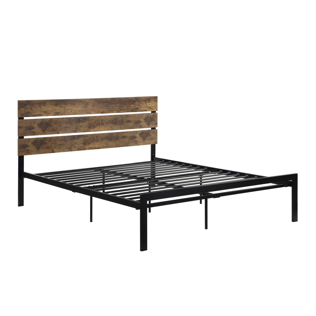 Mars Queen Platform Bed Brown Faux Wood Slat Headboard Black Metal Frame By Casagear Home BM314220