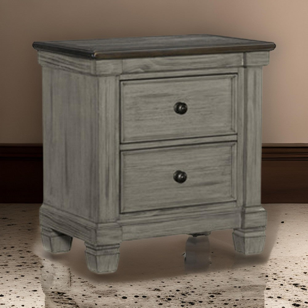 Cadie 29 Inch Nightstand, 2 Drawers, Coffee Brown, Antique Gray Wood By Casagear Home