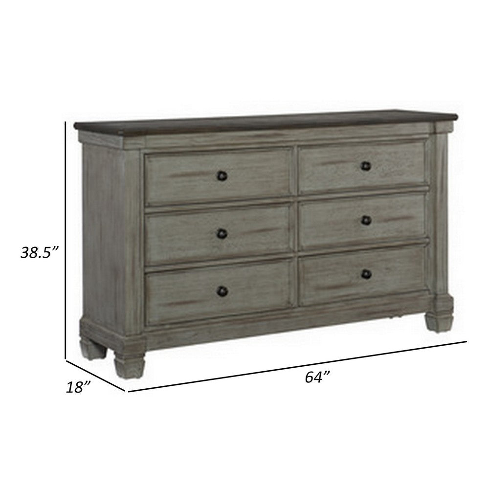 Cadie 64 Inch Dresser 6 Dovetail Drawers Coffee Brown Antique Gray Wood By Casagear Home BM314223