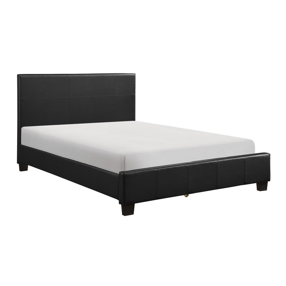 Renz Queen Size Platform Bed, Black Faux Leather Upholstery, Wood Frame By Casagear Home