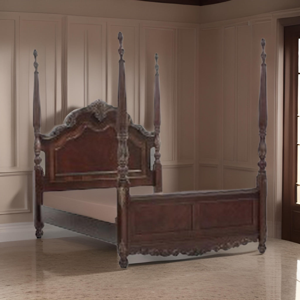 Park Queen Size Poster Bed with Shell Motifs and Burl Inlays, Brown Veneer By Casagear Home