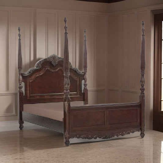 Park Queen Size Poster Bed with Shell Motifs and Burl Inlays, Brown Veneer By Casagear Home