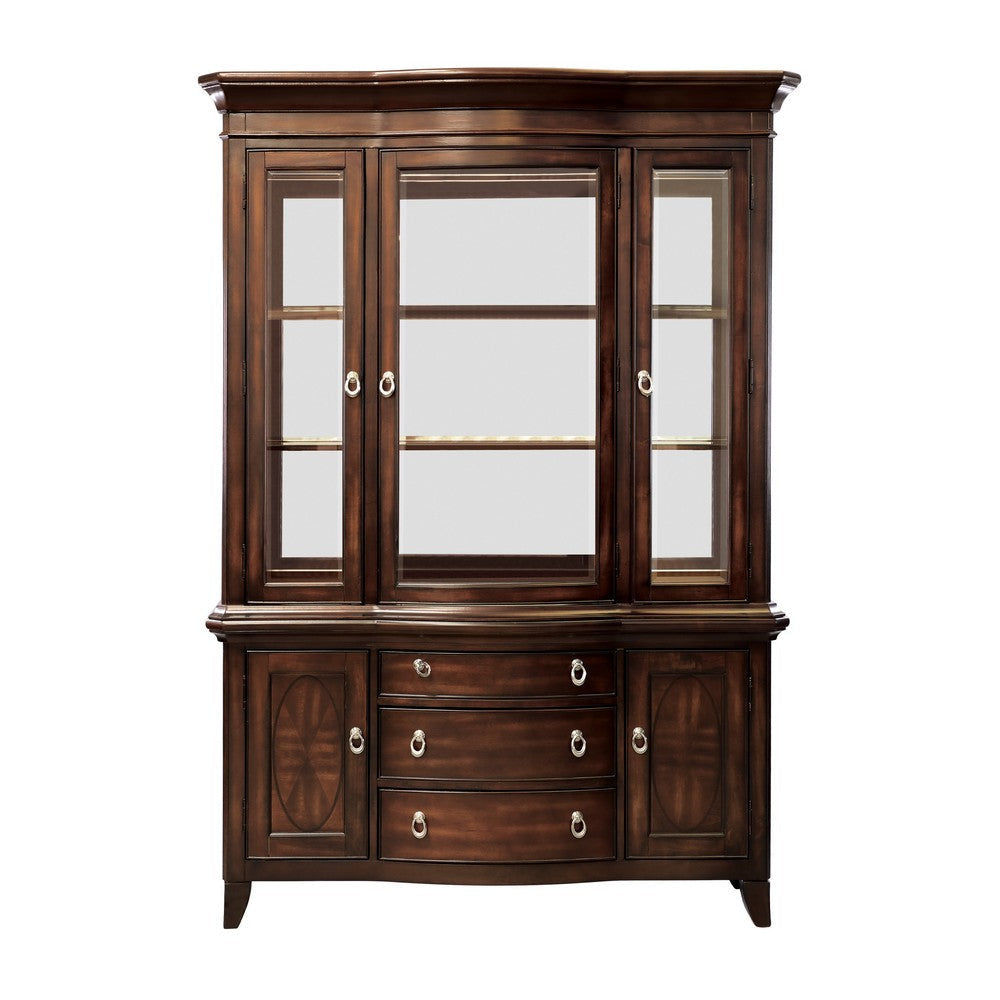 Kee 83 Inch Buffet and Hutch Cabinet Ring Handles Brown Wood Finish By Casagear Home BM314243