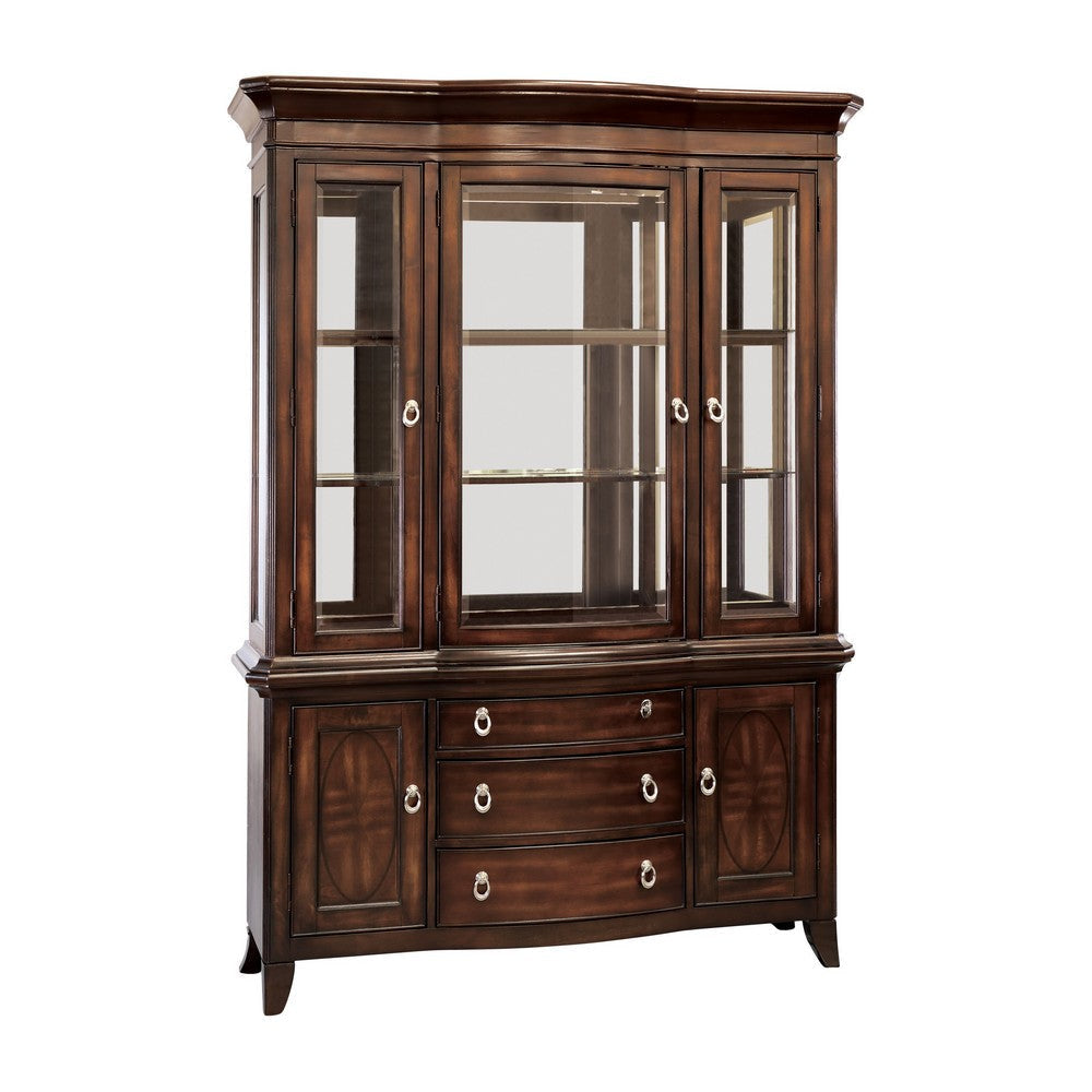 Kee 83 Inch Buffet and Hutch Cabinet, Ring Handles, Brown Wood Finish By Casagear Home