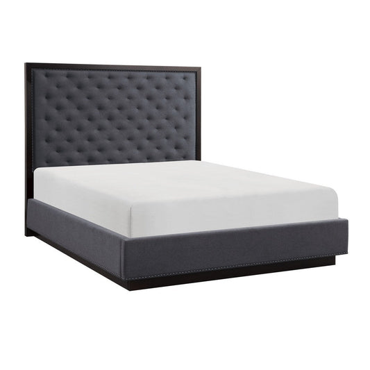 Tey Queen Size Bed with Button Tufted Headboard, Gray Fabric, Ash Veneer By Casagear Home