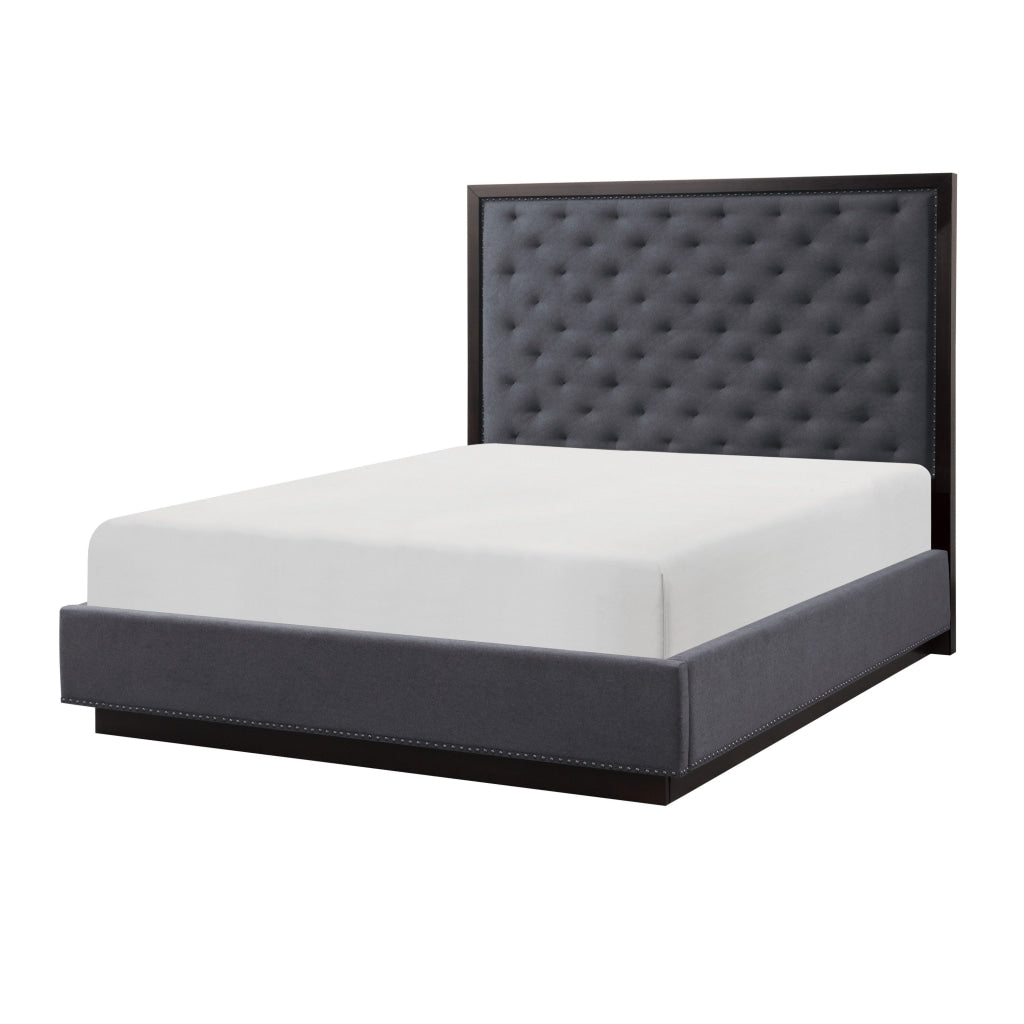 Tey Queen Size Bed with Button Tufted Headboard Gray Fabric Ash Veneer By Casagear Home BM314252