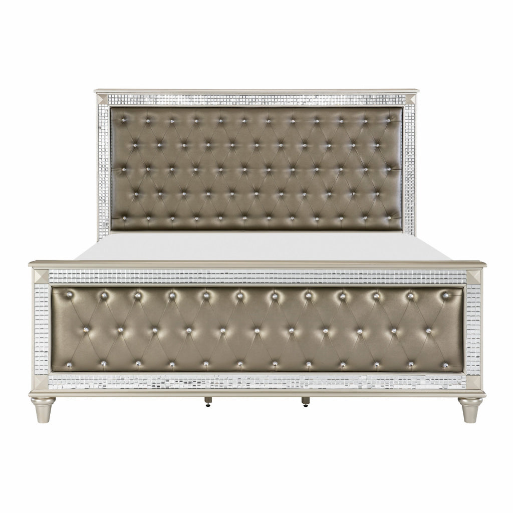 Juhi Queen Size Bed Button Tufted Gray Faux Leather Crystals Trim Wood By Casagear Home BM314258