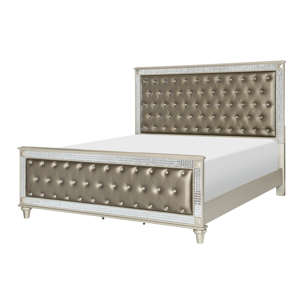 Juhi Queen Size Bed Button Tufted Gray Faux Leather Crystals Trim Wood By Casagear Home BM314258