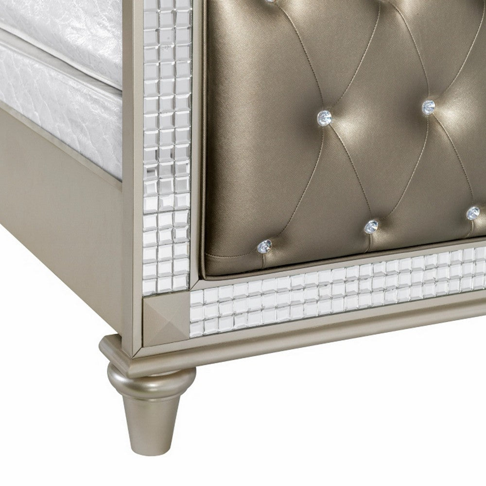 Juhi Queen Size Bed Button Tufted Gray Faux Leather Crystals Trim Wood By Casagear Home BM314258