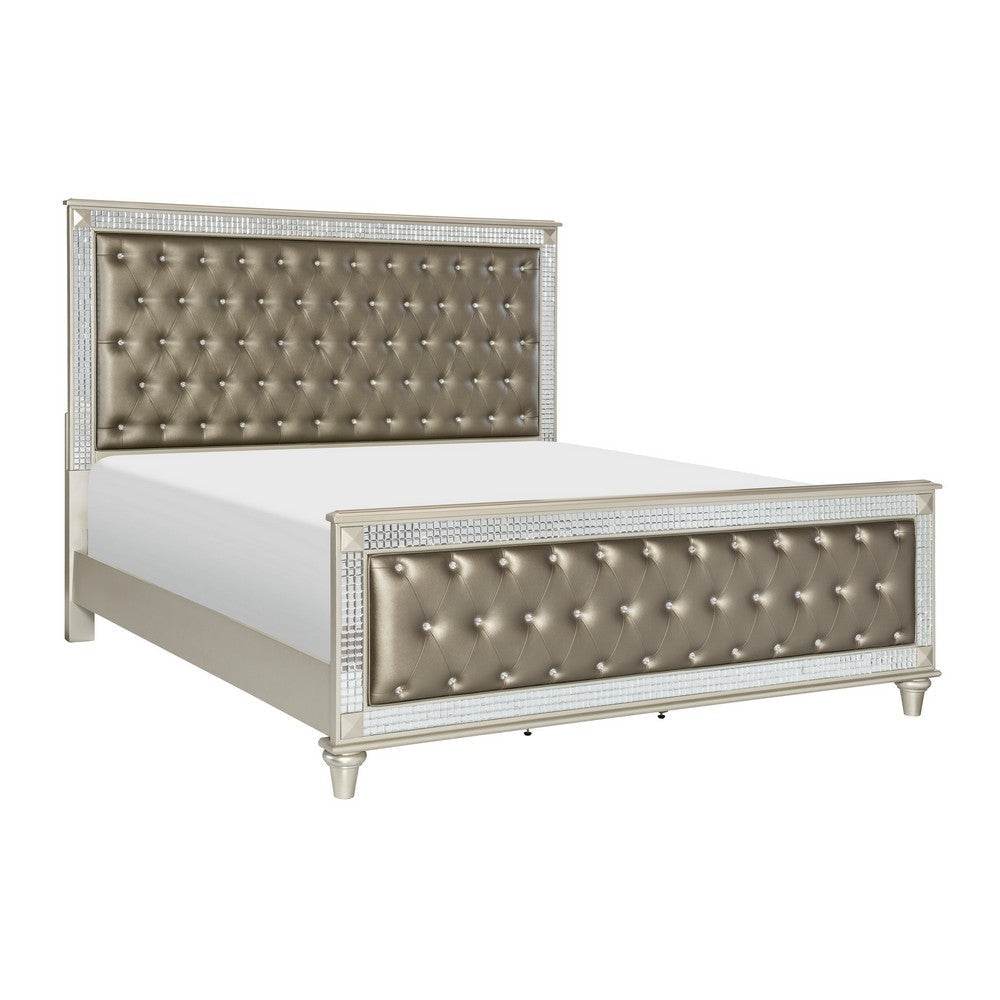 Juhi Queen Size Bed, Button Tufted Gray Faux Leather, Crystals Trim, Wood By Casagear Home