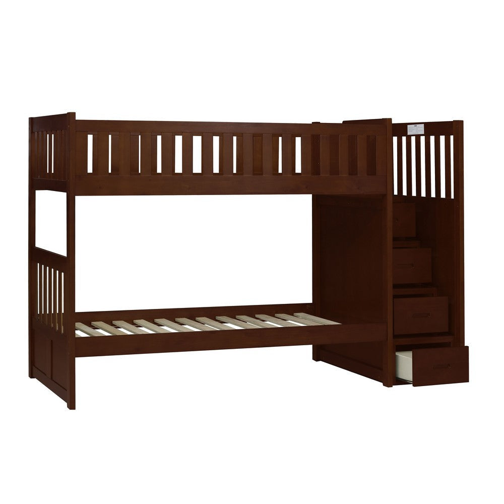 Catherine Twin over Twin Bunk Bed Storage Step Solid Wood Dark Brown By Casagear Home BM314260