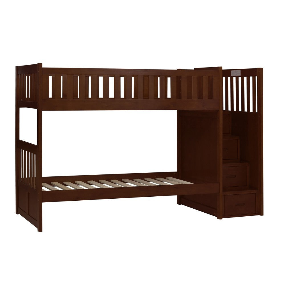 Catherine Twin over Twin Bunk Bed, Storage Step, Solid Wood, Dark Brown By Casagear Home