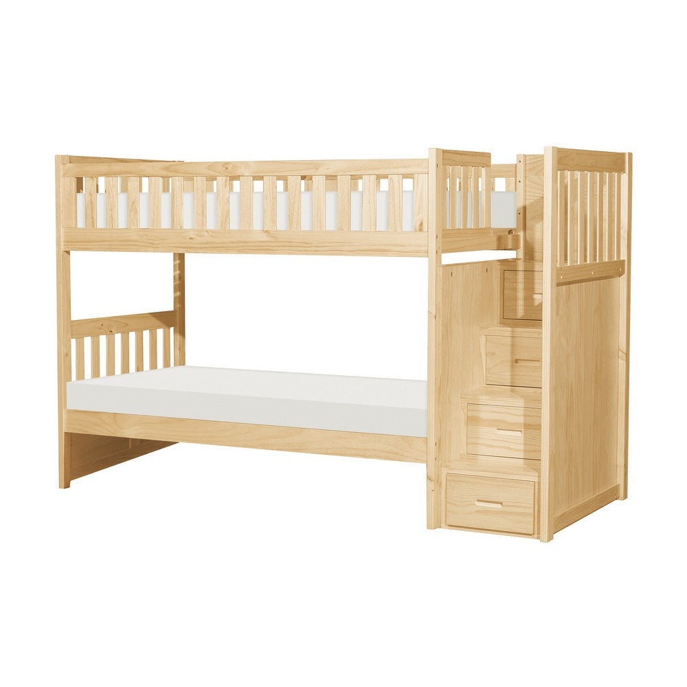 Catherine Twin over Twin Bunk Bed Storage Step Natural Brown Solid Wood By Casagear Home BM314261