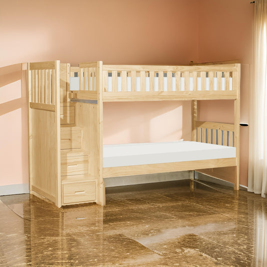 Catherine Twin over Twin Bunk Bed, Storage Step, Natural Brown, Solid Wood By Casagear Home