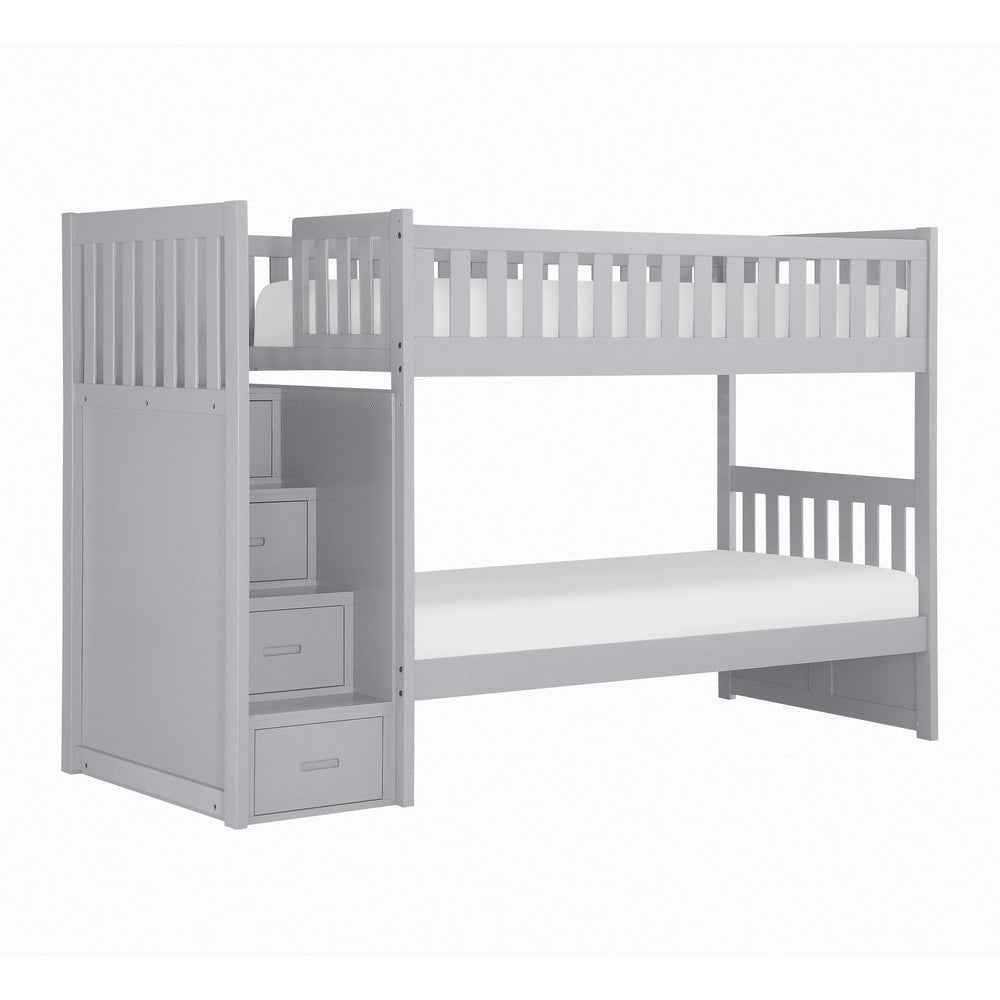 Catherine Twin over Twin Bunk Bed, Storage Step, Gray Veneer, Solid Wood By Casagear Home