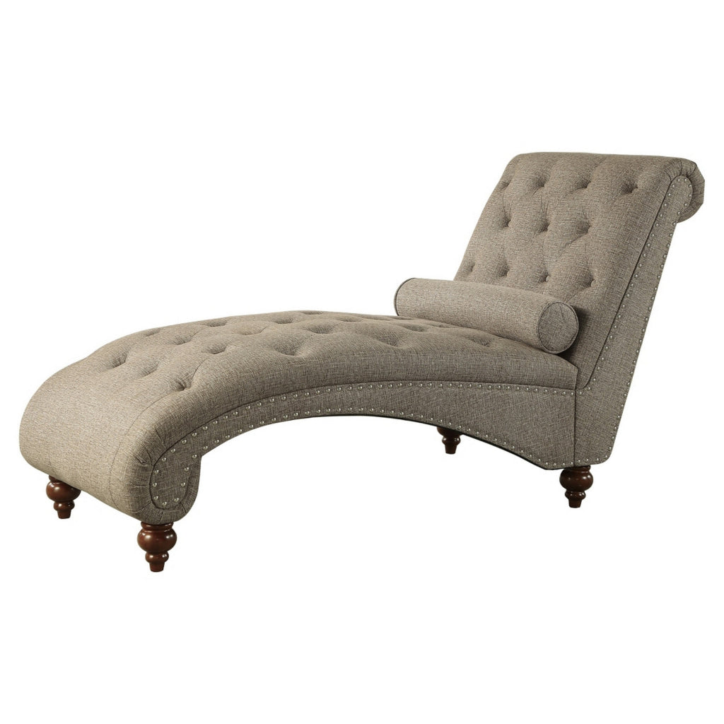 Amey 69 Inch Chaise Lounger Solid Wood Rolled Button Tufted Gray Fabric By Casagear Home BM314265