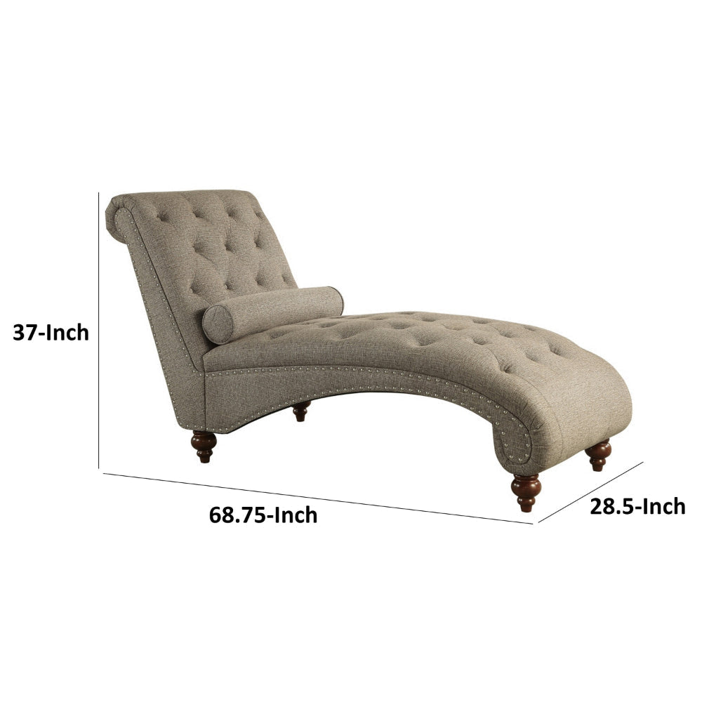 Amey 69 Inch Chaise Lounger Solid Wood Rolled Button Tufted Gray Fabric By Casagear Home BM314265