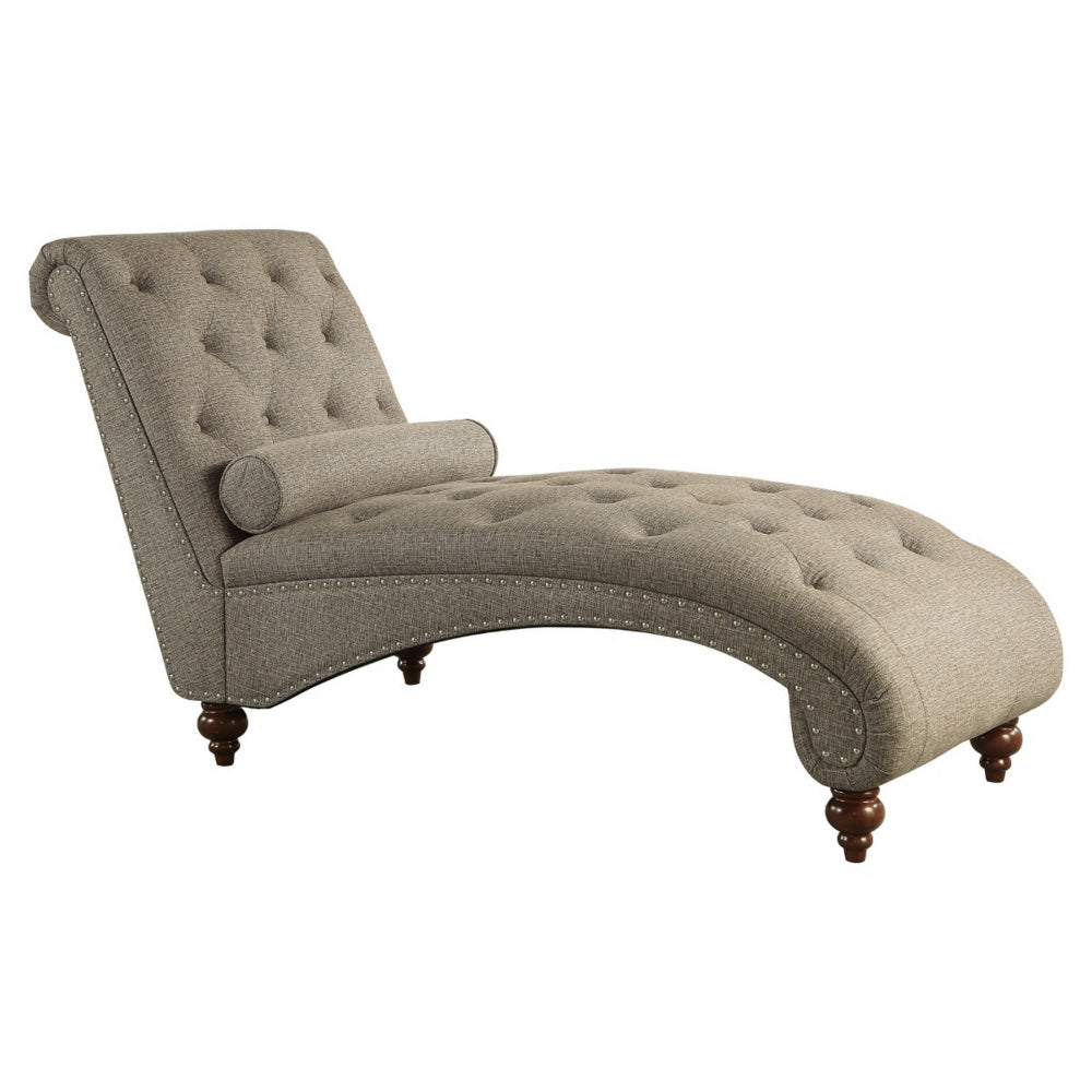 Amey 69 Inch Chaise Lounger, Solid Wood, Rolled Button Tufted Gray Fabric By Casagear Home