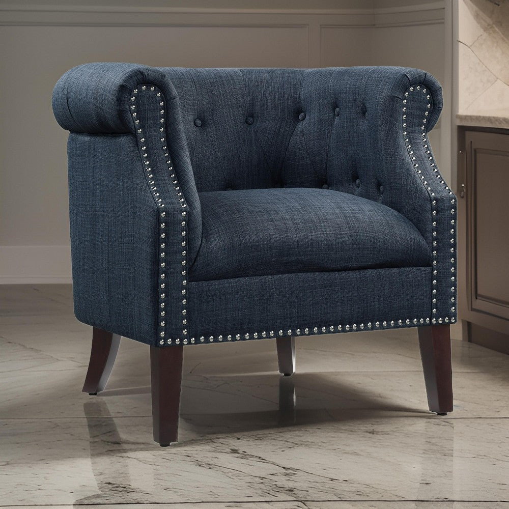 33 Inch Accent Armchair, Chesterfield Button Tufted, Textured Blue Fabric By Casagear Home