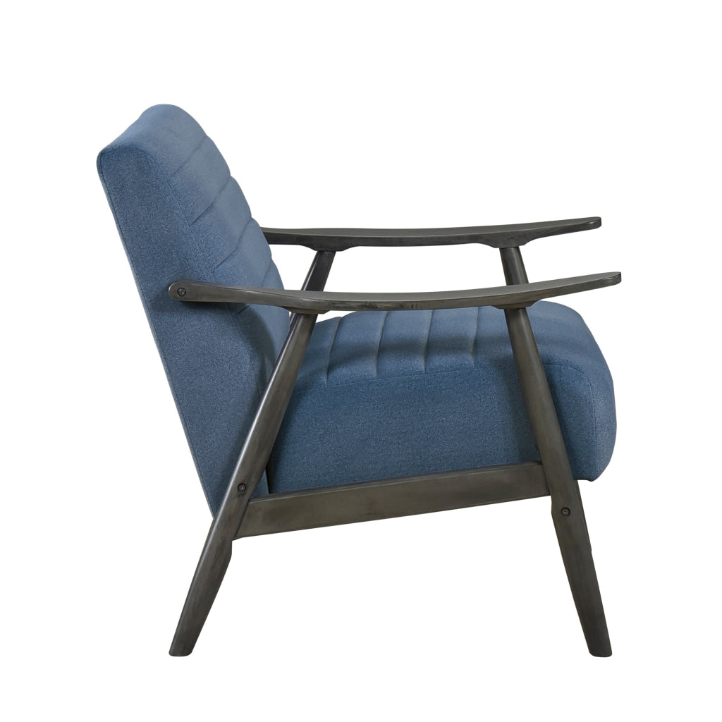 Tira 32 Inch Accent Chair Channel Stitched Blue Velvet Gray Solid Wood By Casagear Home BM314270