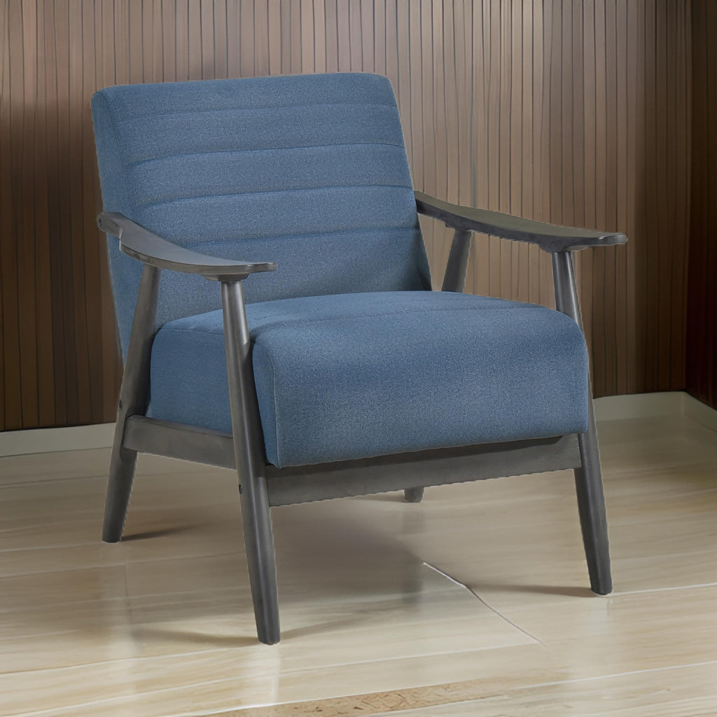 Tira 32 Inch Accent Chair, Channel Stitched, Blue Velvet, Gray Solid Wood By Casagear Home