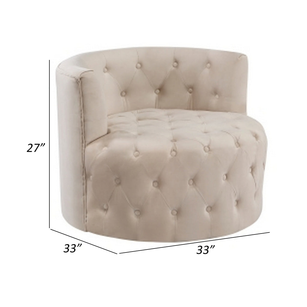 Alix 33 Inch Swivel Accent Chair Round Design Button Tufted Beige Velvet By Casagear Home BM314273