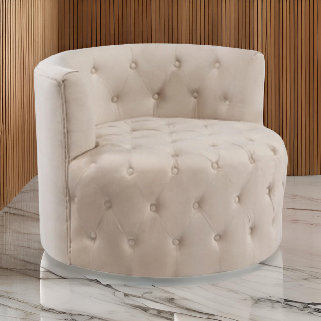 Alix 33 Inch Swivel Accent Chair, Round Design, Button Tufted Beige Velvet By Casagear Home