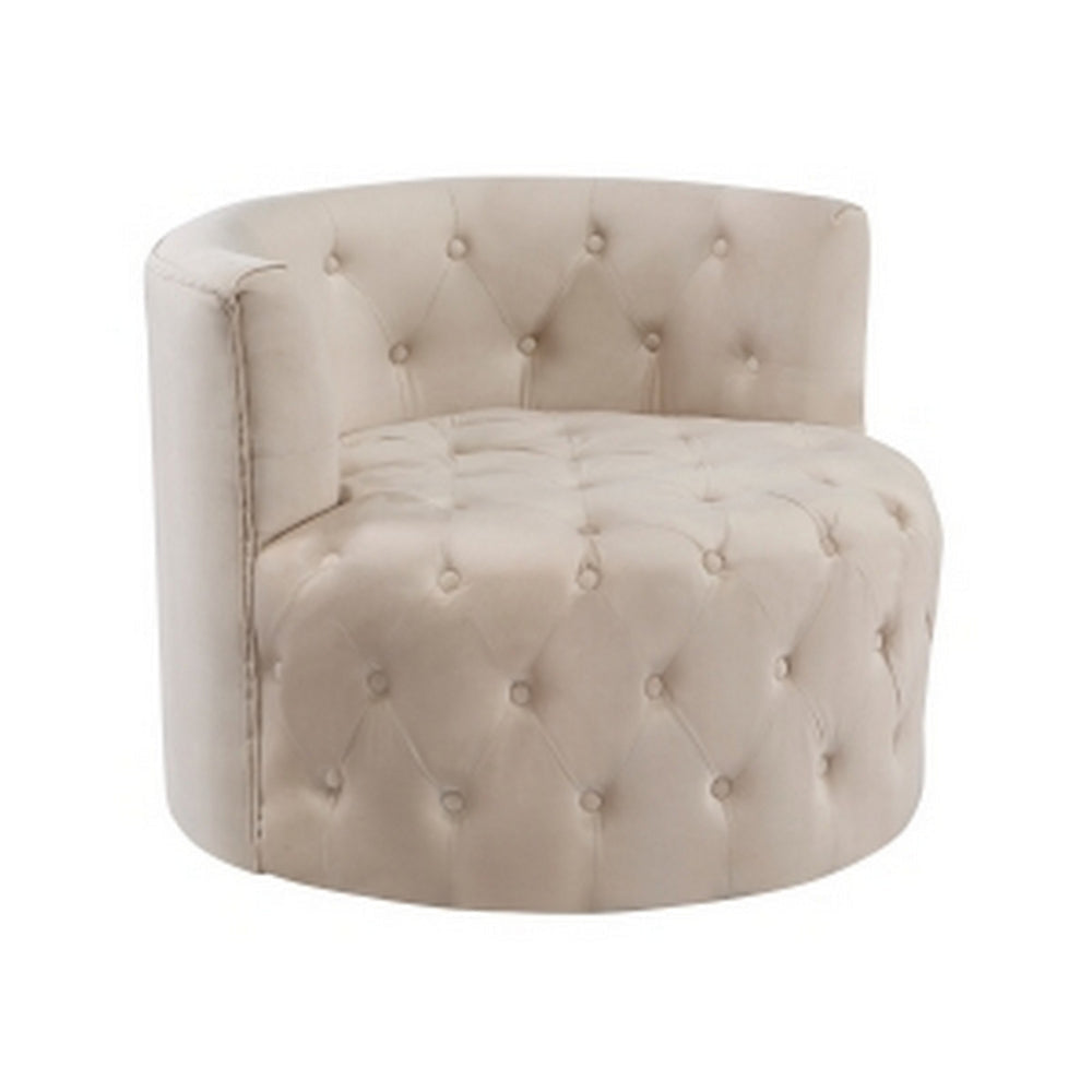 Alix 33 Inch Swivel Accent Chair, Round Design, Button Tufted Beige Velvet By Casagear Home