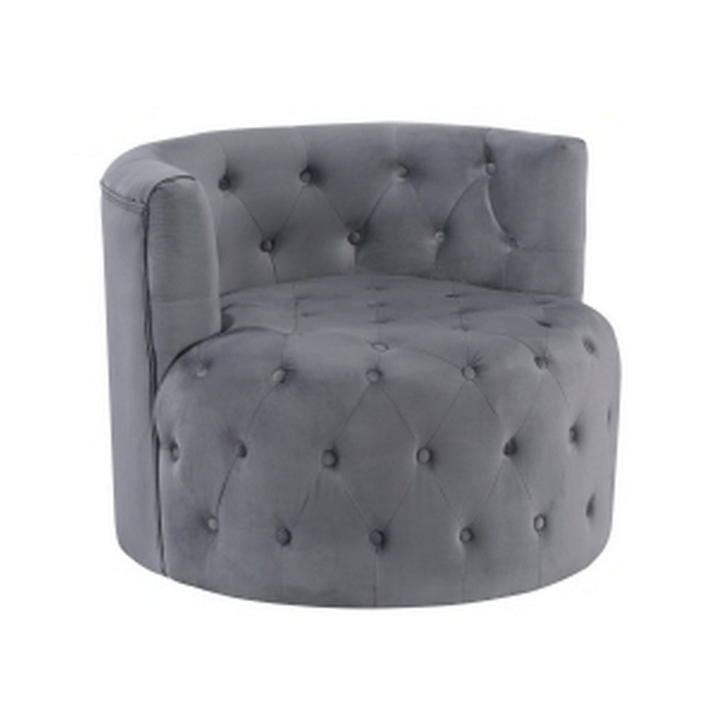 Alix 33 Inch Swivel Accent Chair, Round Design, Button Tufted Gray Velvet By Casagear Home