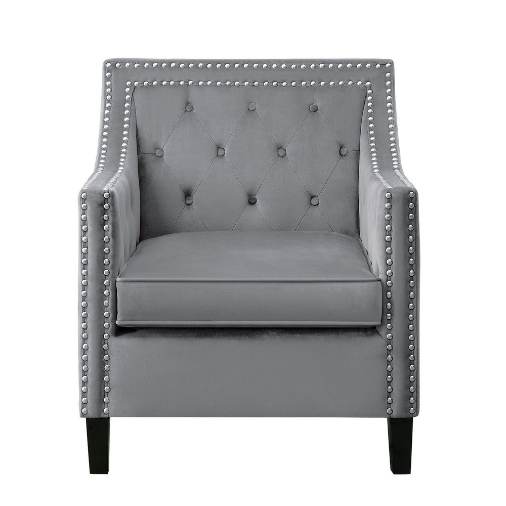 Soma 31 Inch Accent Armchair Button Tufted Gray Velvet Nailhead Trim By Casagear Home BM314275