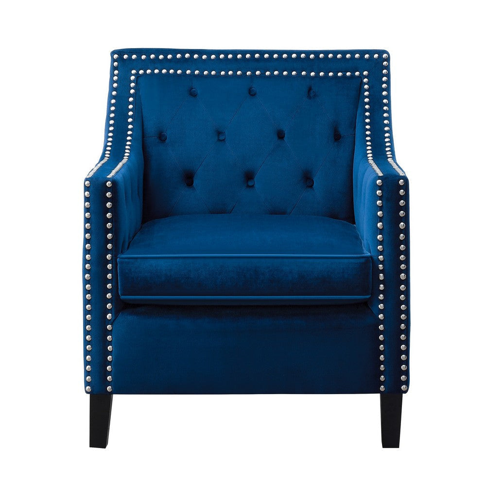 Soma 31 Inch Accent Armchair Button Tufted Blue Velvet Nailhead Trim By Casagear Home BM314276