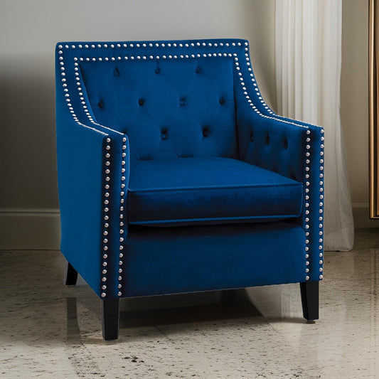 Soma 31 Inch Accent Armchair, Button Tufted Blue Velvet, Nailhead Trim By Casagear Home