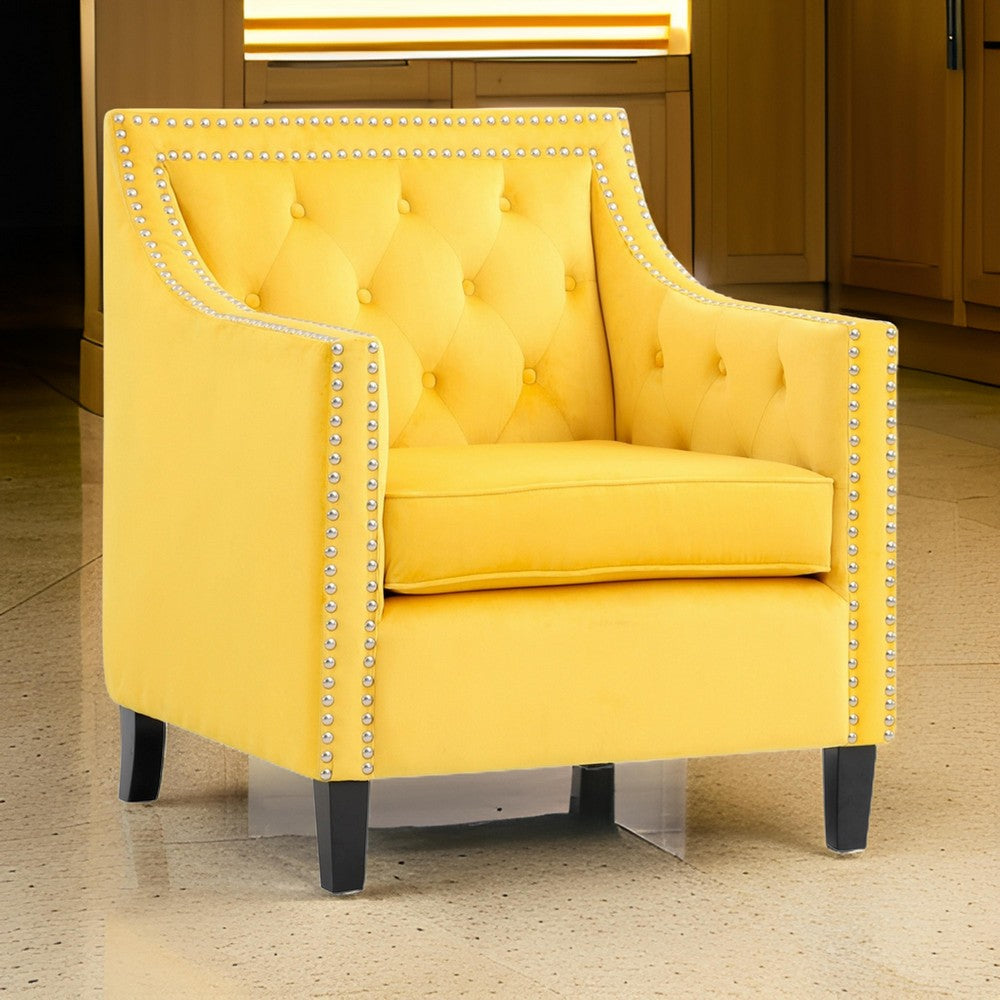 Soma 31 Inch Accent Armchair, Button Tufted Yellow Velvet, Nailhead Trim By Casagear Home