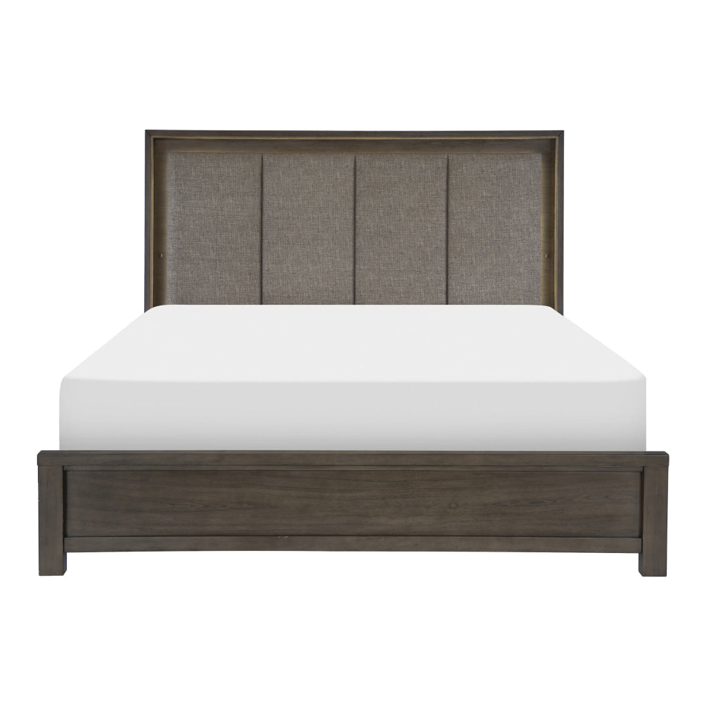 Carie Queen Bed LED Lit Upholstered Headboard Brown Gray Solid Wood By Casagear Home BM314280