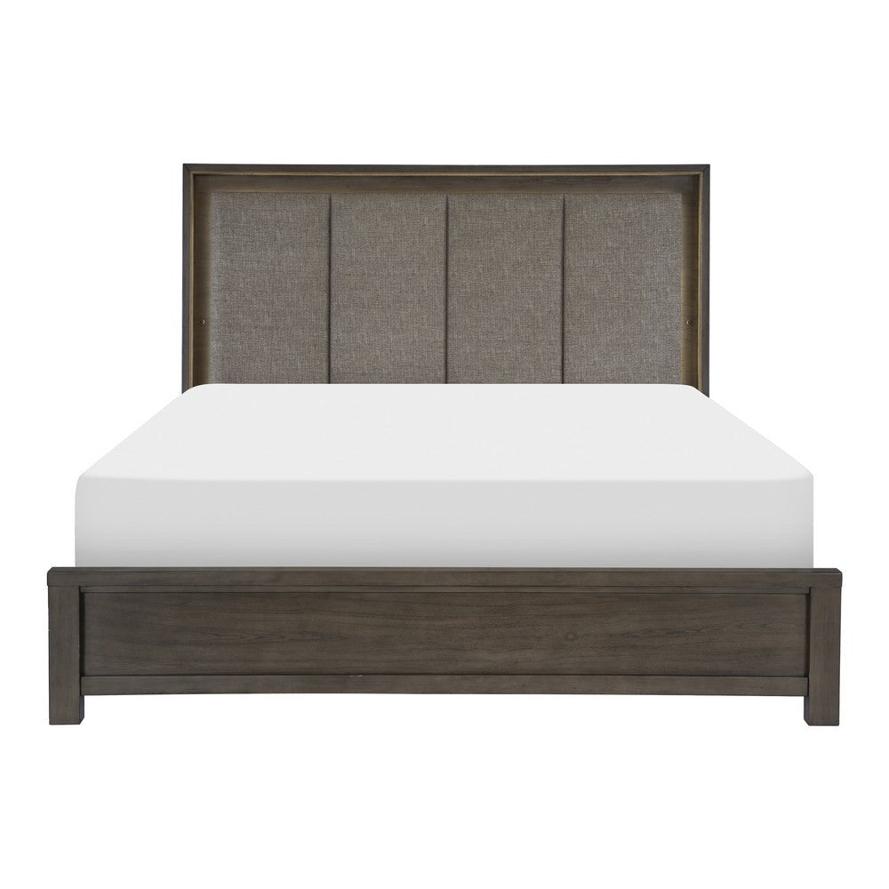 Carie Queen Bed LED Lit Upholstered Headboard Brown Gray Solid Wood By Casagear Home BM314280