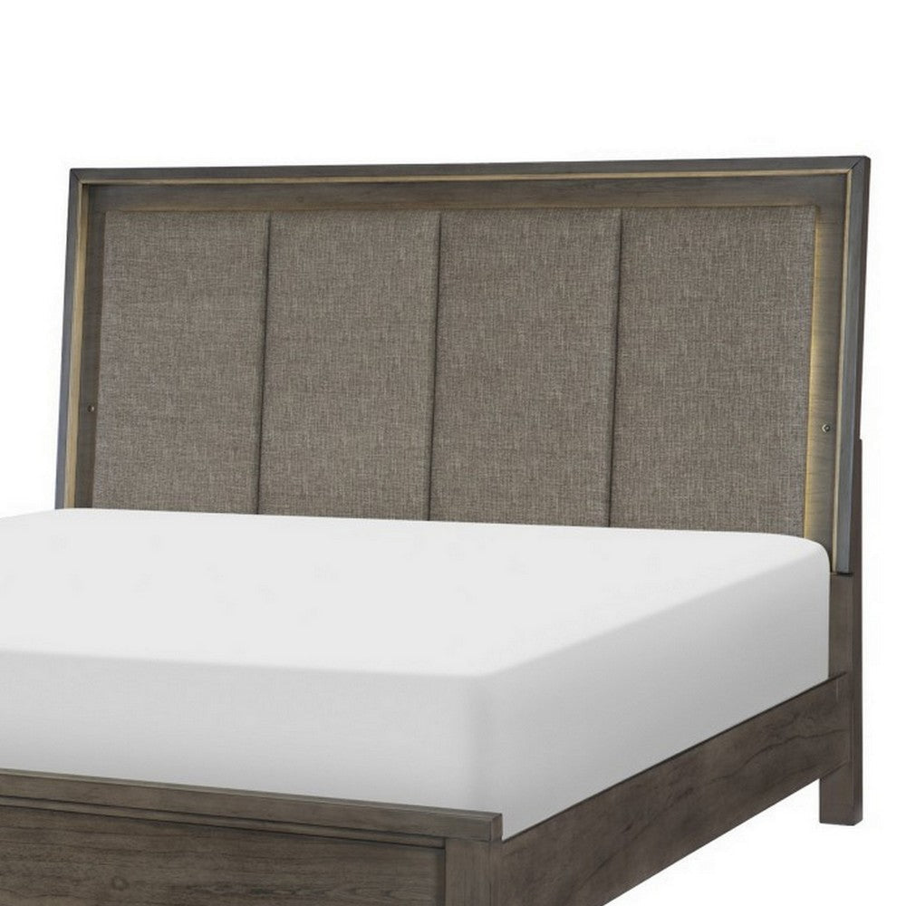 Carie Queen Bed LED Lit Upholstered Headboard Brown Gray Solid Wood By Casagear Home BM314280